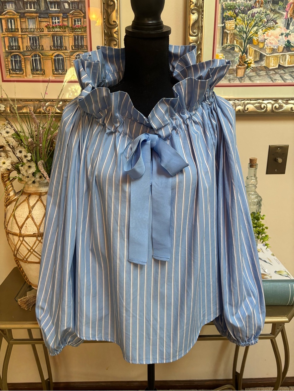 FREE ASSEMBLY Light Blue Striped Ruffle Tie-Neck Blouse Poplin Cotton Top Size M - Picture 8 of 9